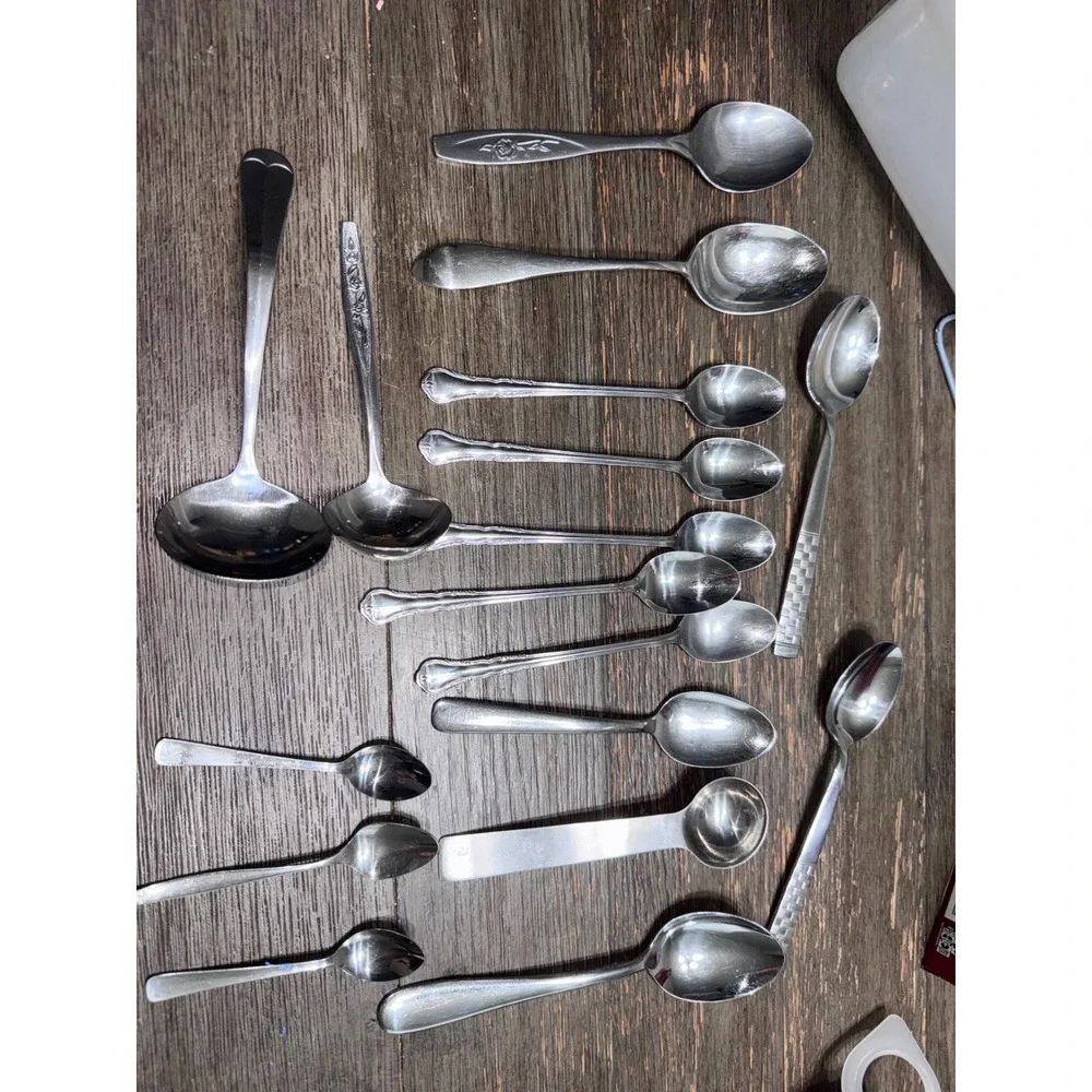 Mixed Stainless Steel Spoon Lot Oneida Ann Albert Ladles Teaspoons 15pc Set